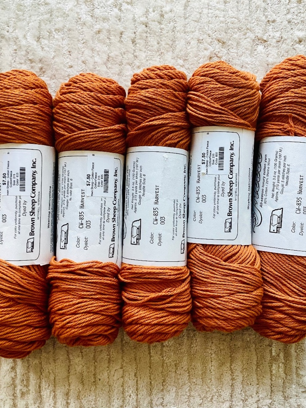 Lot Of 5 Brown Sheep Company Cotton Fleece yarn burnt orange Harvest Wool Cotton
